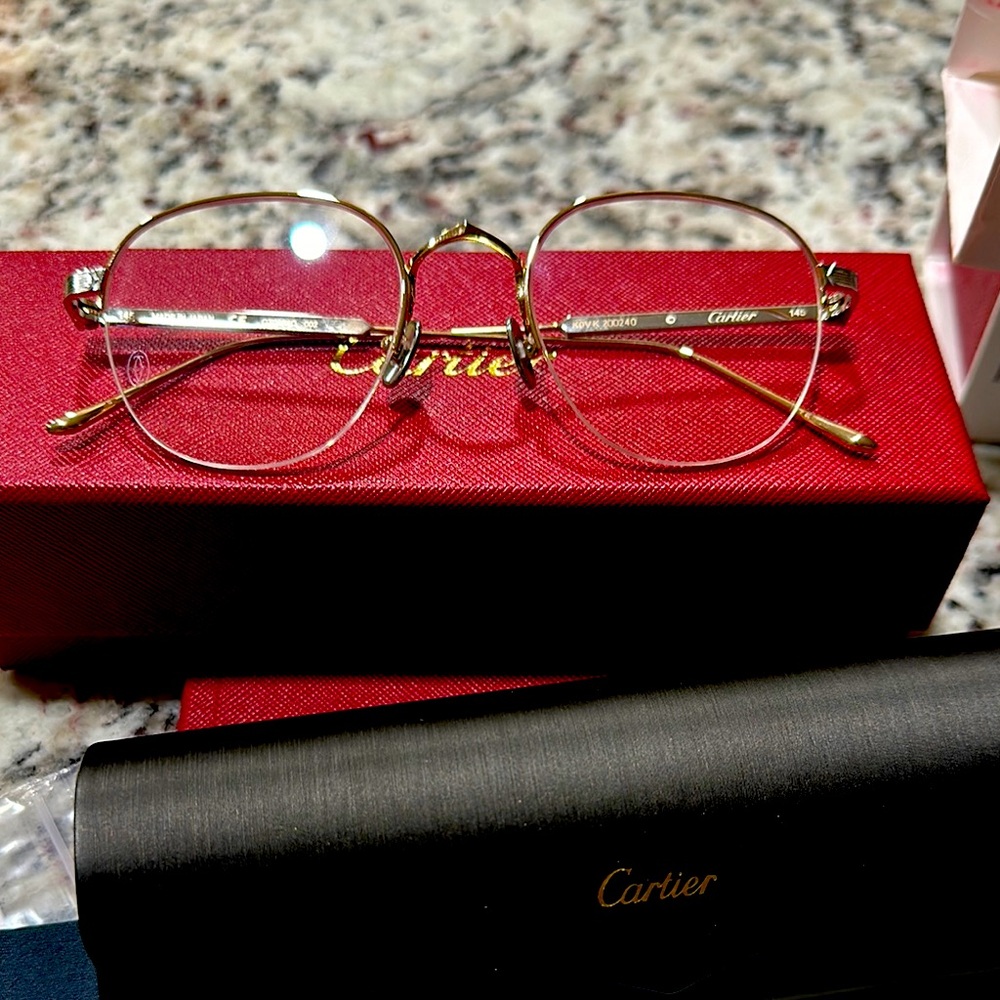 Cartier Round Eyeglasses CT0164O 002 Gold Silver Metal Half Rim Clear Lens 50mm